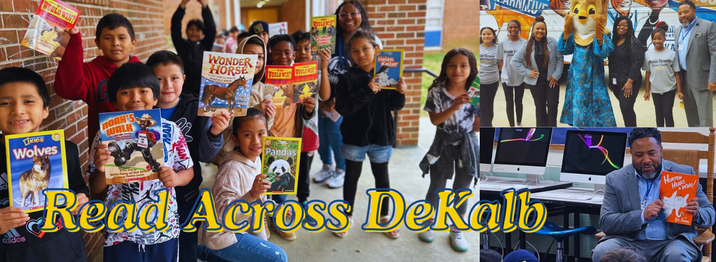 Participants of all ages enjoying reading activities at the &#34;Read Across Dekalb&#34; event including a visit from DeKalb&#39;s Superintendent Dr. Devon Horton, fostering a love for literature.