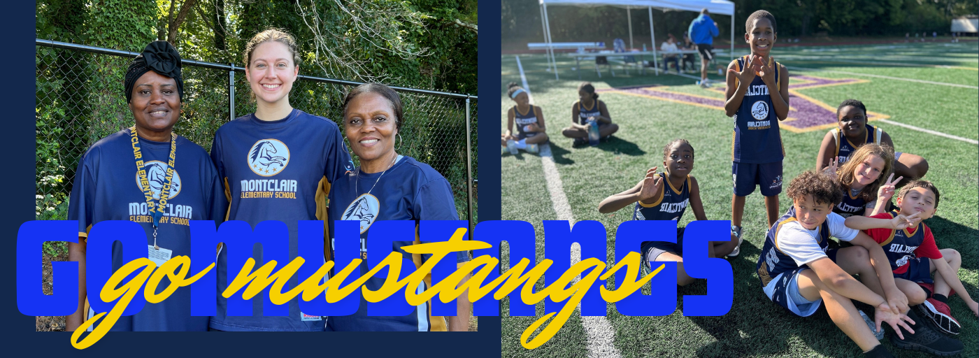 A collage featuring students in blue track uniforms and teacher coaches, accompanied by the encouraging phrase &#34;Go Mustangs&#34; prominently displayed.